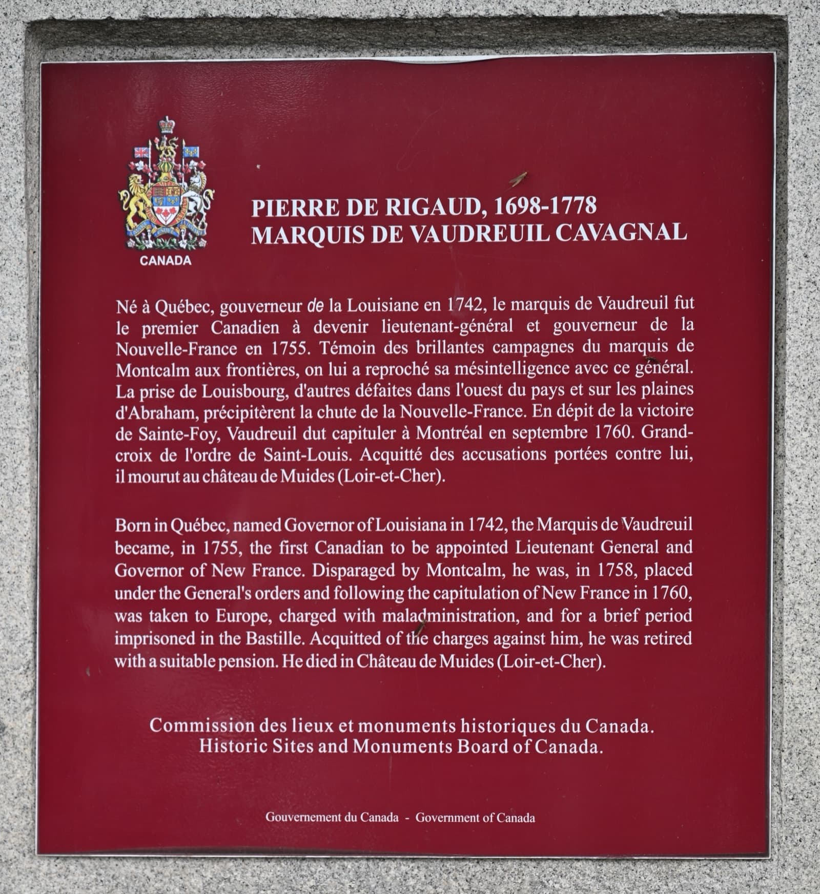 The Pierre de Rigaud historic plaque in Vaudreuil-Dorion, erected by the Historic Sites and Monuments Board of Canada